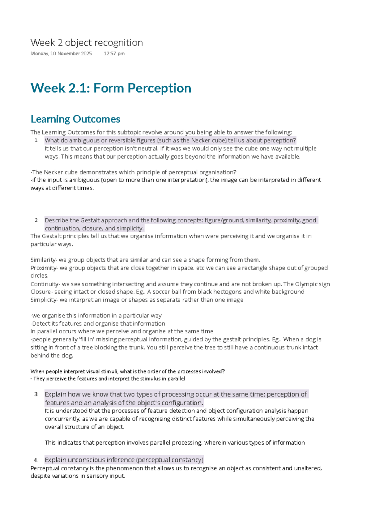 Week 2 Lecture Notes: Object Recognition and Perception Principles ...