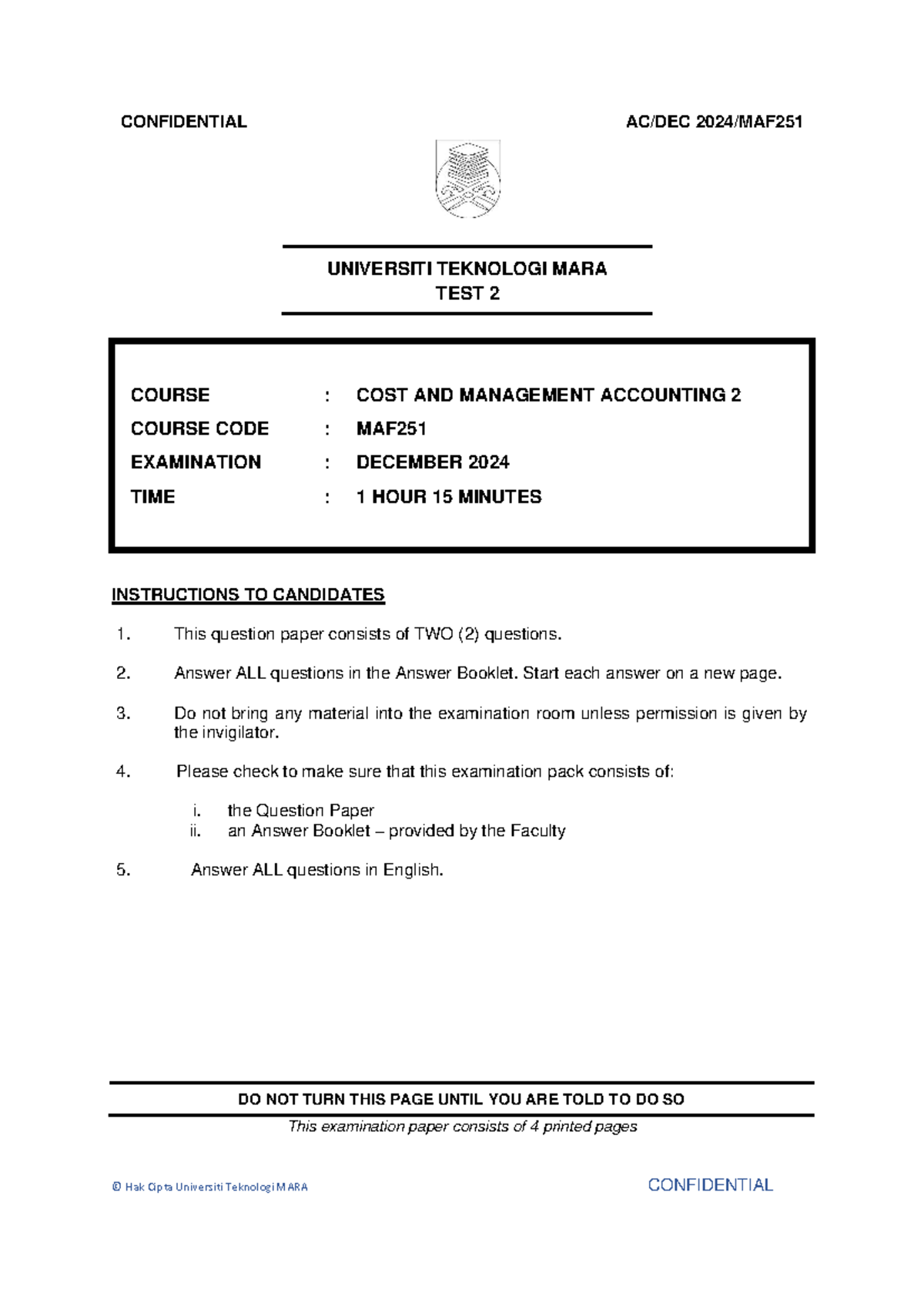 Test 2 MAF251 Cost & Management Accounting Exam Dec 2024 - Studocu