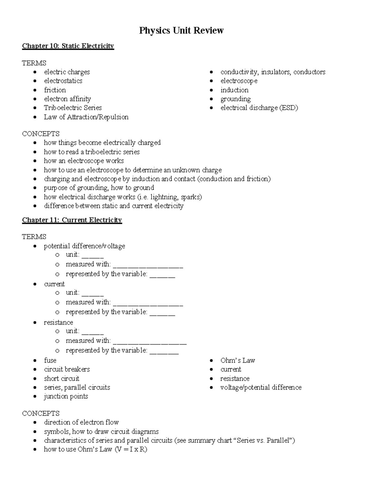 Physics Unit Review: Chapters 10-12 on Electricity Concepts - Studocu