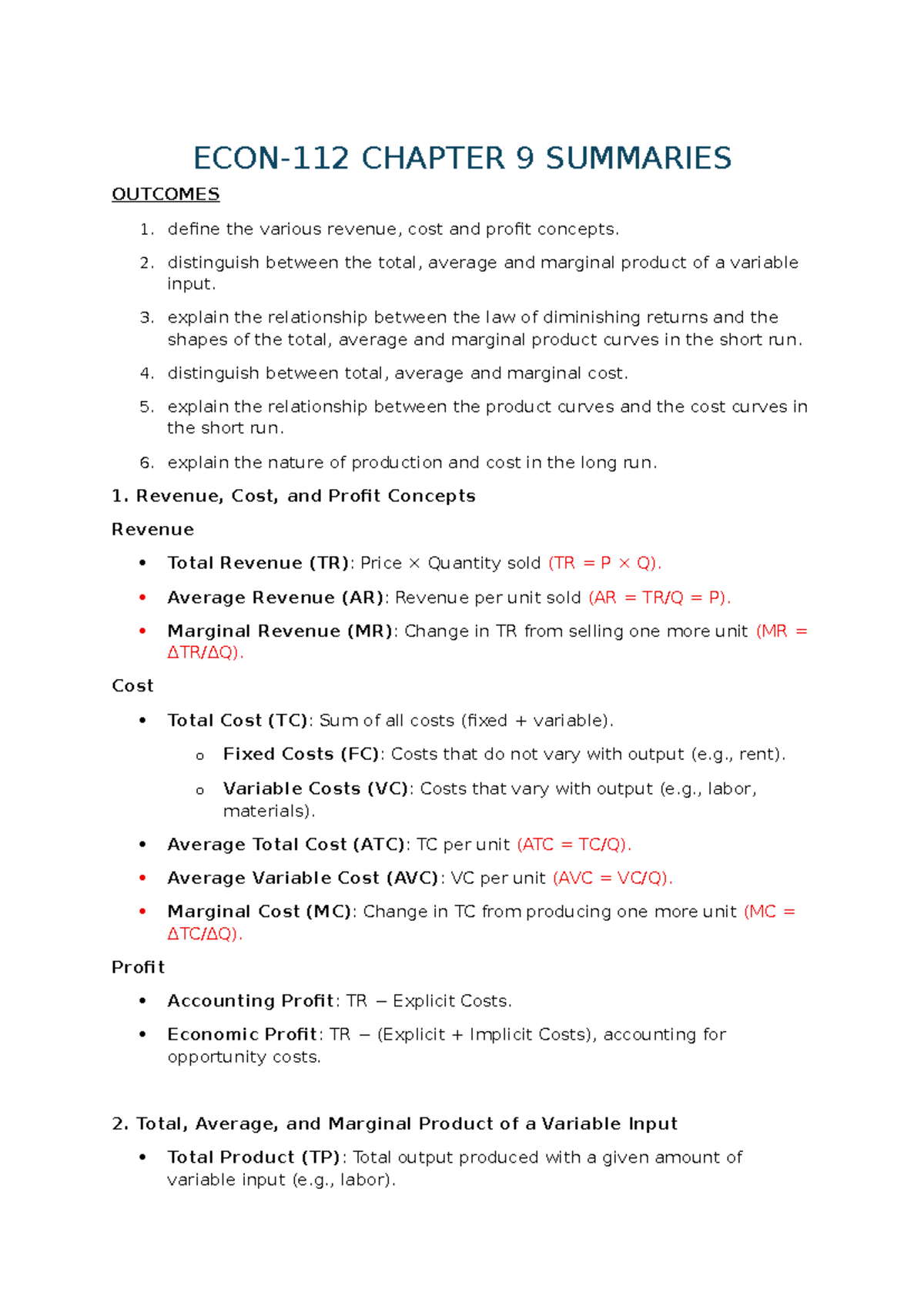 ECON112 Chapter 9 Summary: Revenue, Cost, and Production Concepts - Studocu