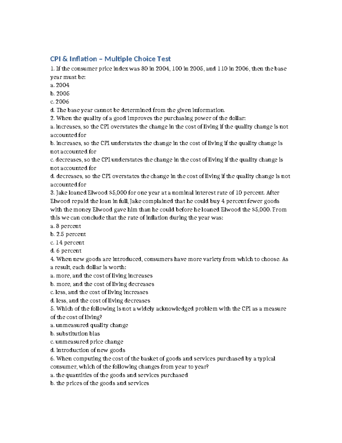 CPI Inflation MC Test 1: Understanding Price Index Concepts - Studocu
