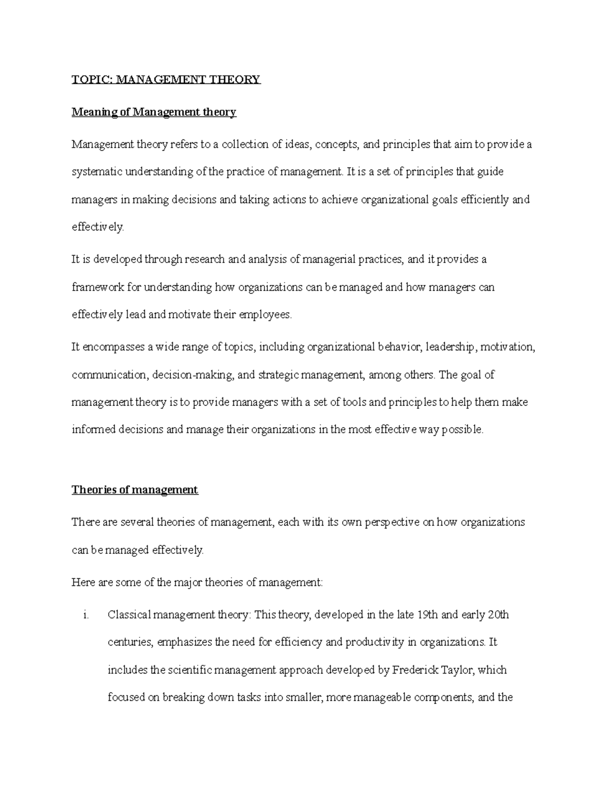Management Theory - notes - TOPIC: MANAGEMENT THEORY Meaning of ...