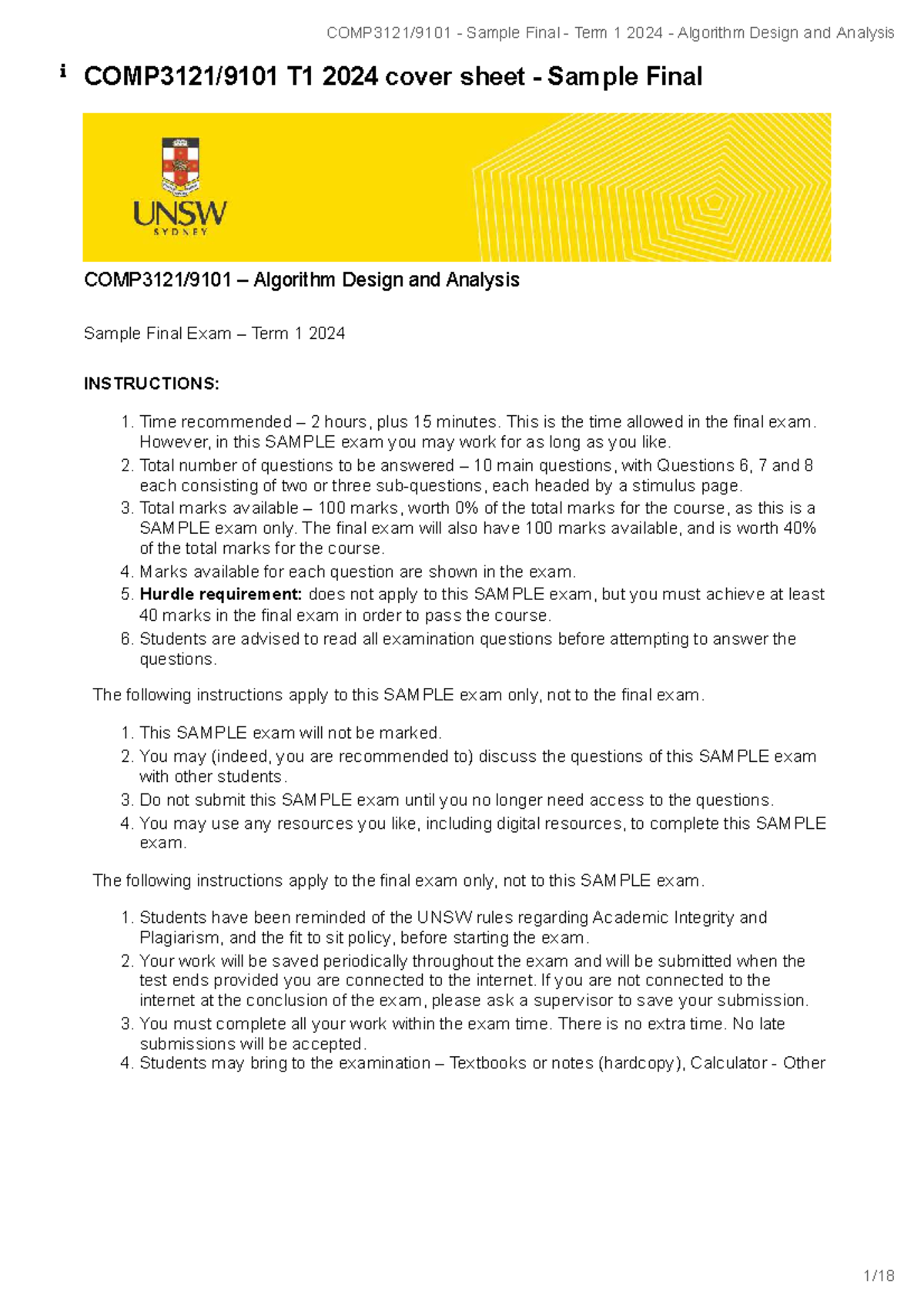 Sample Final Exam T1 2024: Algorithm Design & Analysis Guide - Studocu