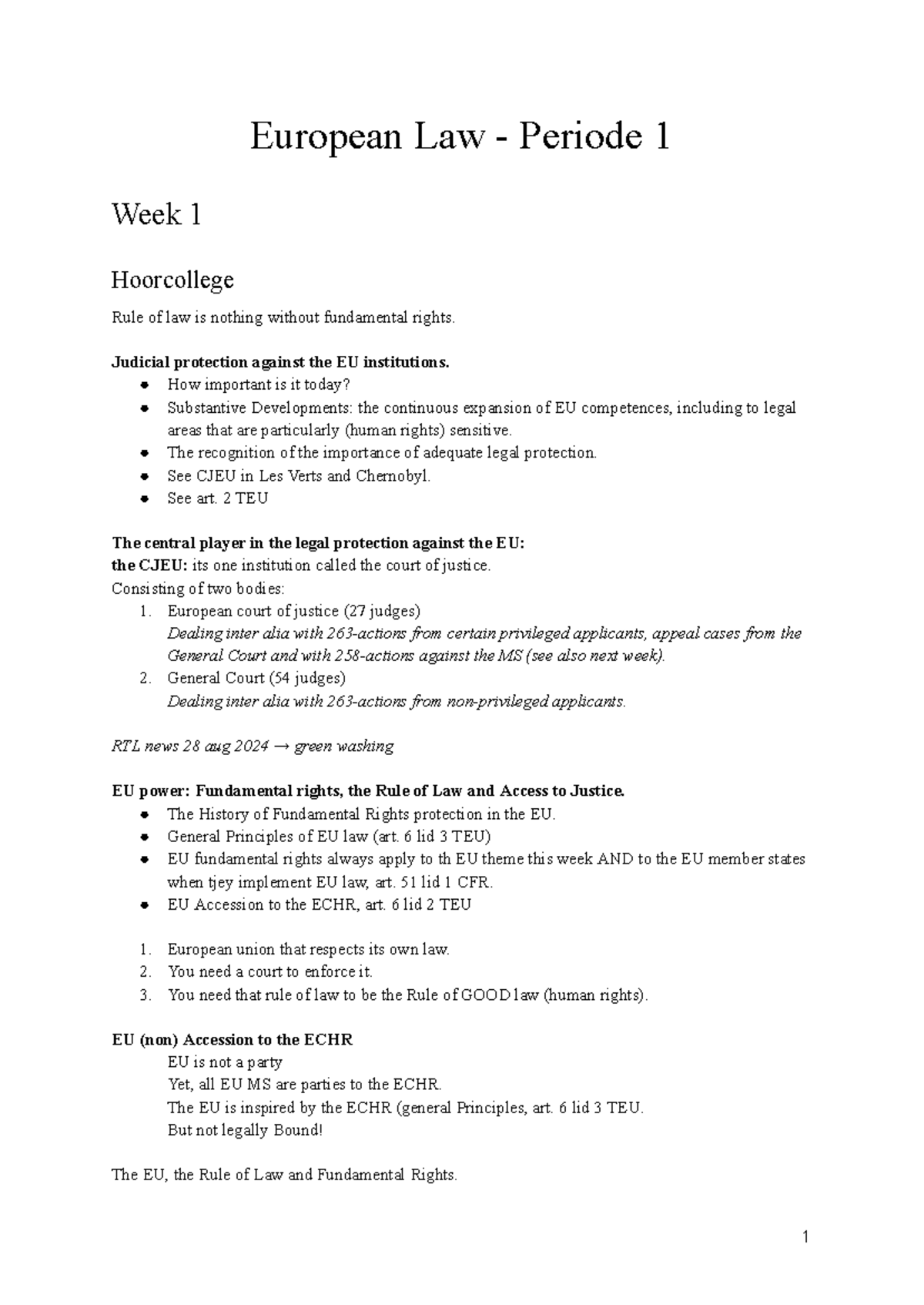 European Law - Week 1 Lecture Notes Overview (Periode 1) - Studeersnel