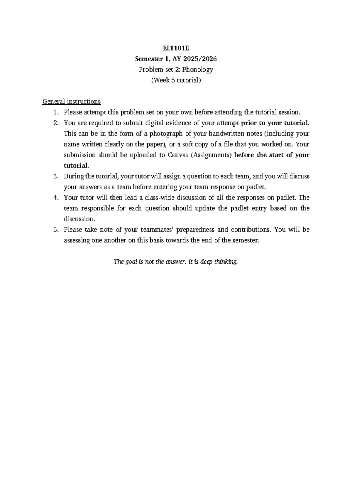 EL1101E Problem Set 2: Phonology Week 5 Tutorial Instructions - Studocu