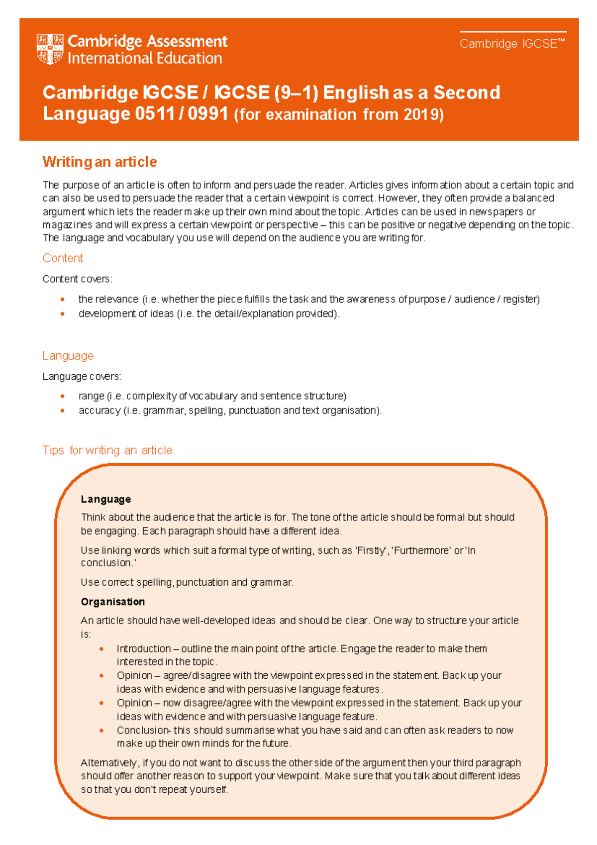 IGCSE 0511/0991 English Article Writing Guide for Exams - Studocu