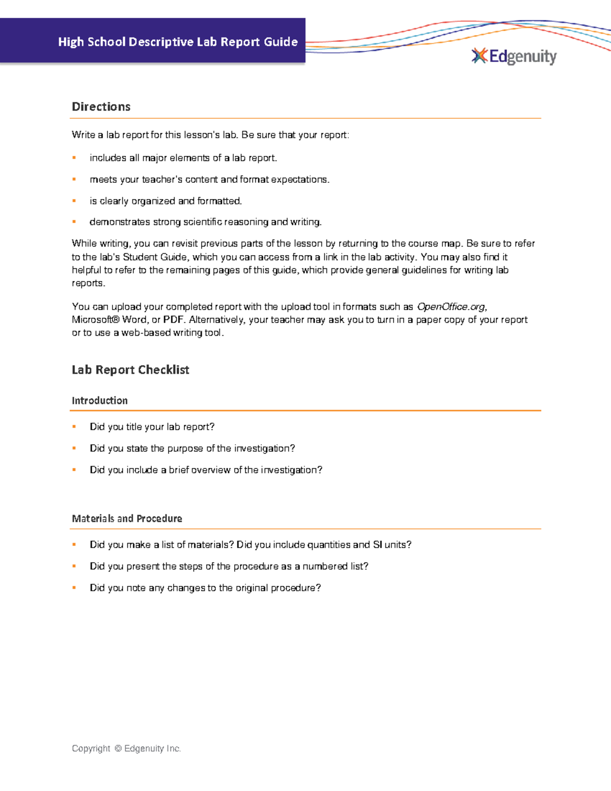 High School Descriptive Lab Report Guide - High School Descriptive Lab ...