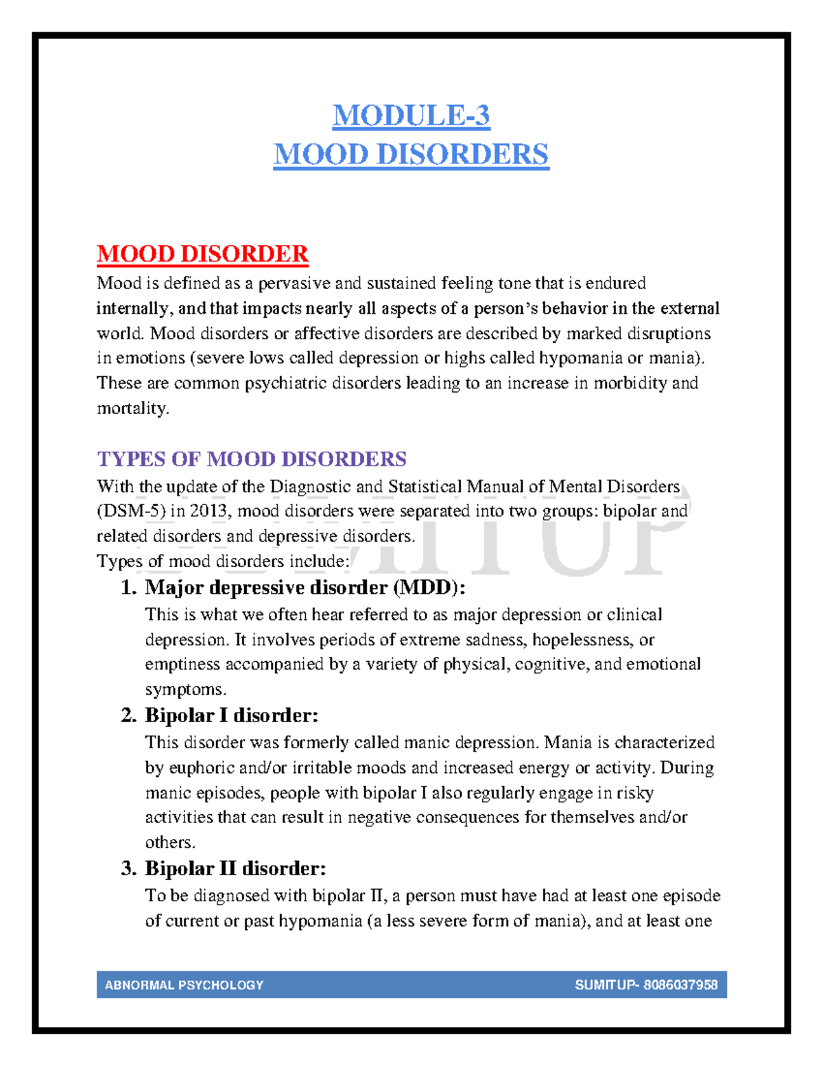 ABNORMAL PSYCHOLOGY 8086037958: Comprehensive Overview of Mood ...