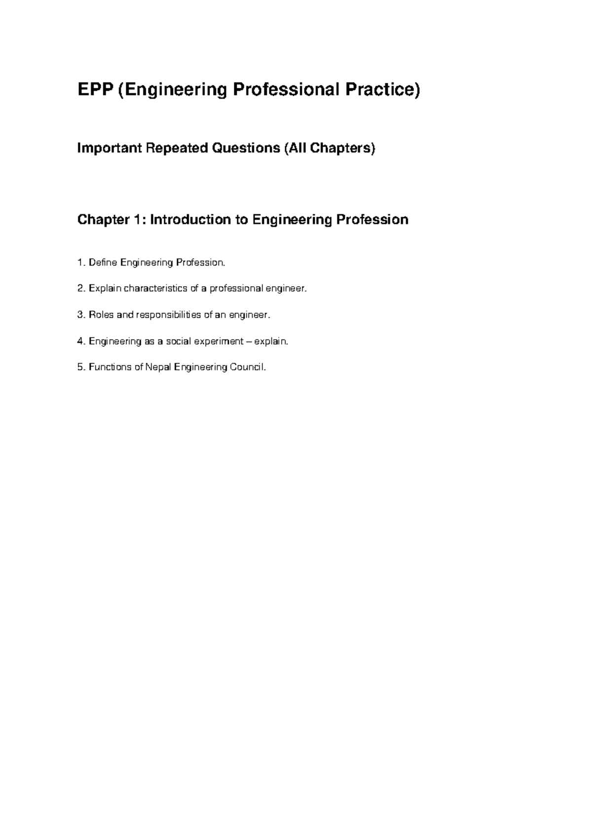 EPP Important Repeated Questions: All Chapters Overview - Studocu