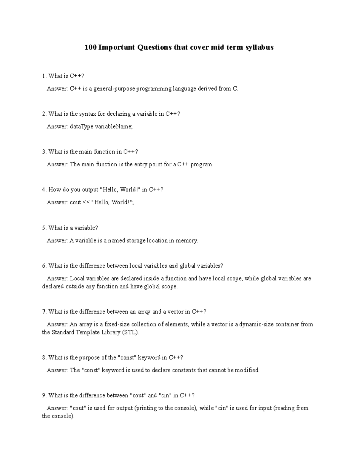 100 Key Questions for C++ Midterm Exam Preparation - Studocu