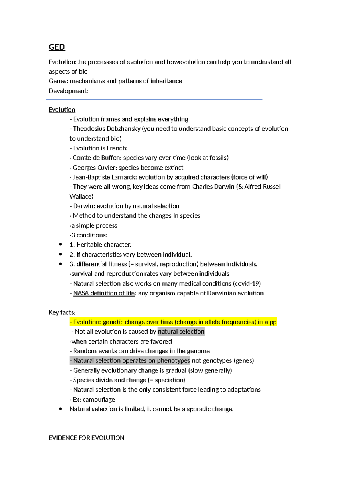 Evolution week 1 - lecture notes on first 2 lectures - GED Evolution ...