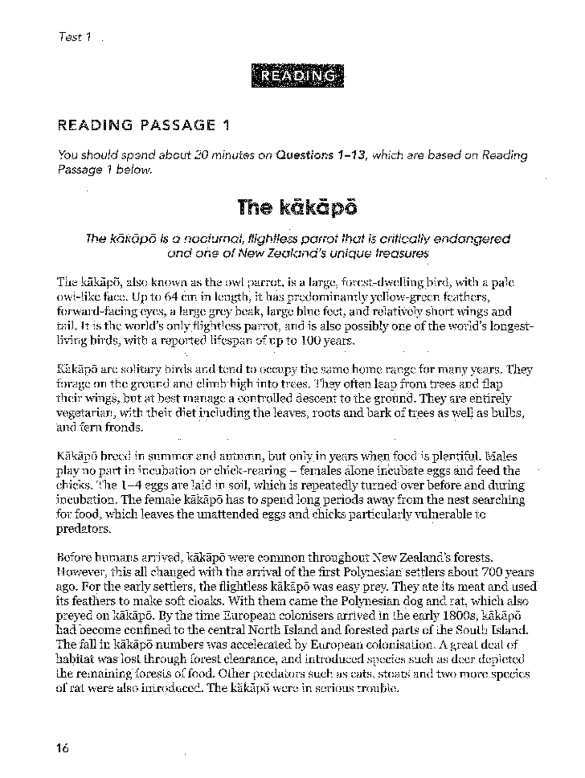 Test 1 Reading Passage Analysis: The Kākāpō and Its Conservation ...