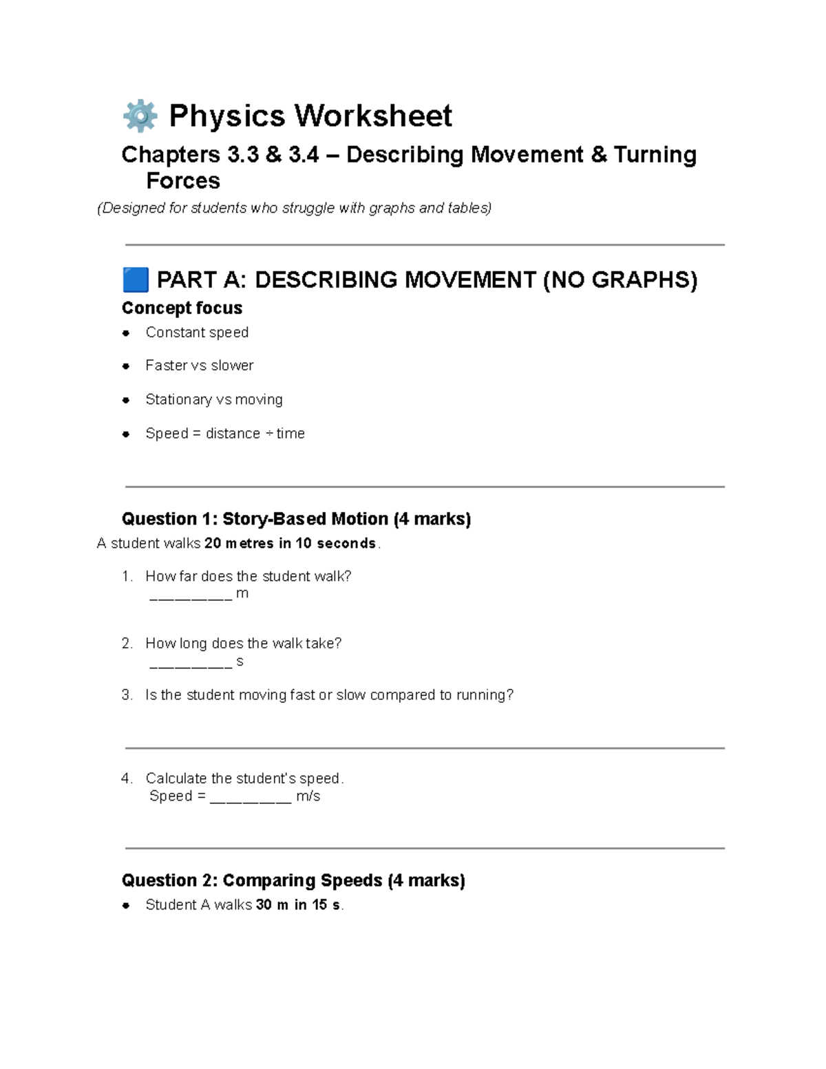 Physics Worksheet: Chapters 3.3 & 3.4 - Describing Movement & Forces ...