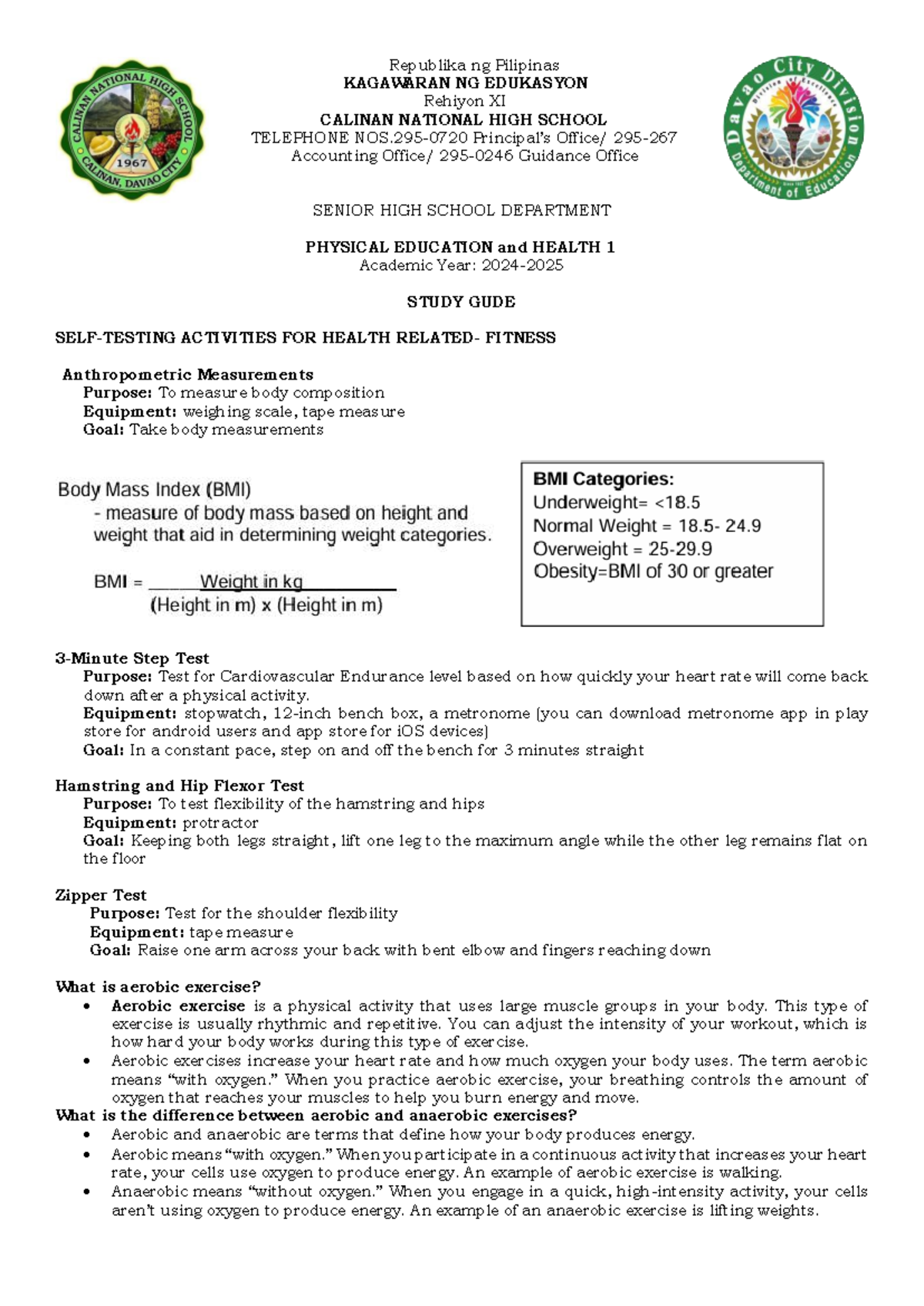 Health and Fitness Study Guide for PE and Health 1 (AY 2024-2025) - Studocu