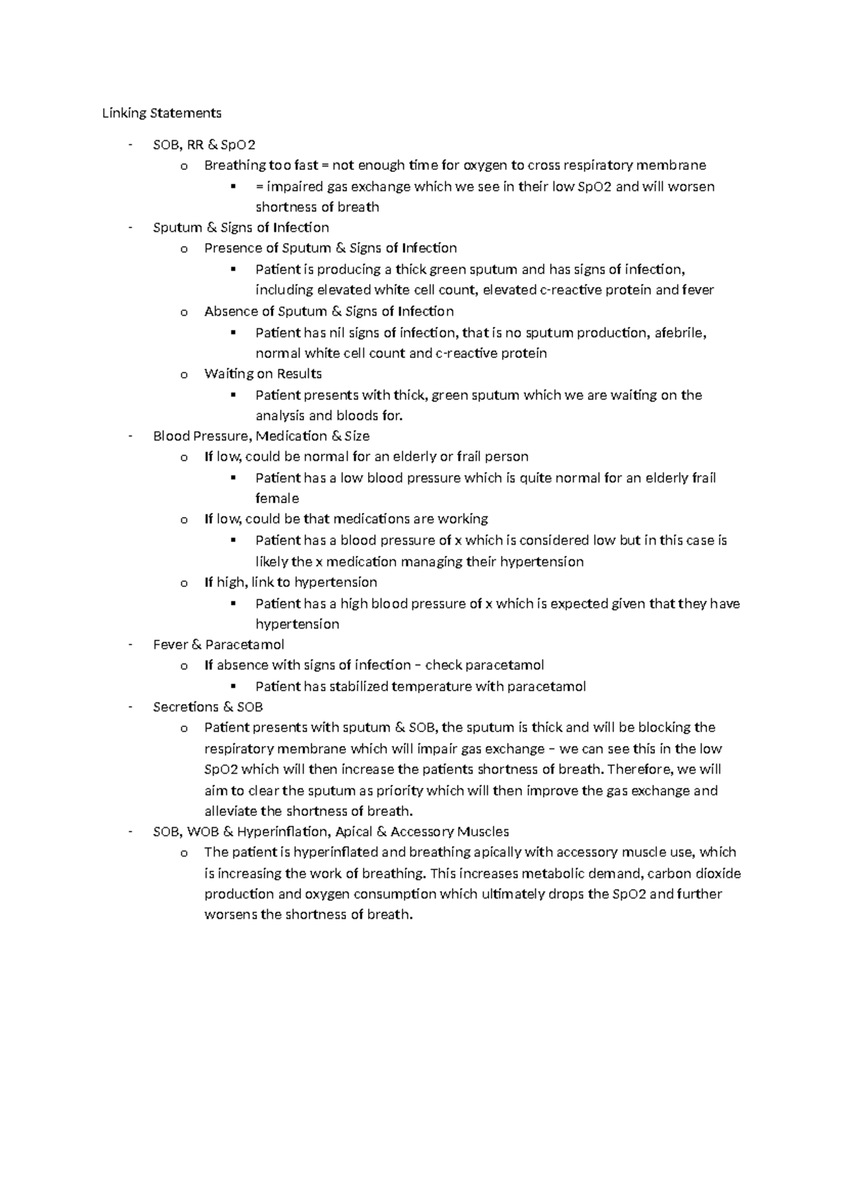 Linking Statements: SOB, RR, SpO2, and Signs of Infection Analysis ...