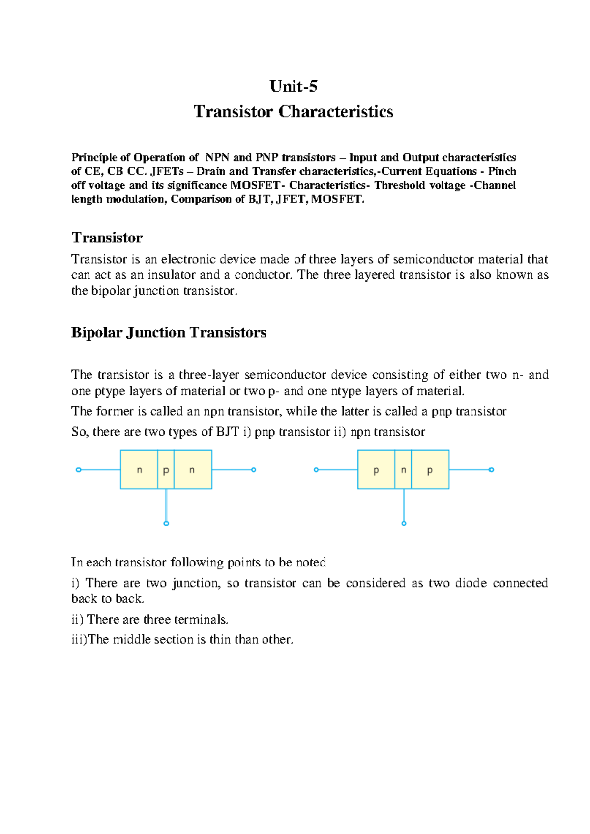 Unit-5: Detailed Study on Transistor Characteristics and Types - Studocu