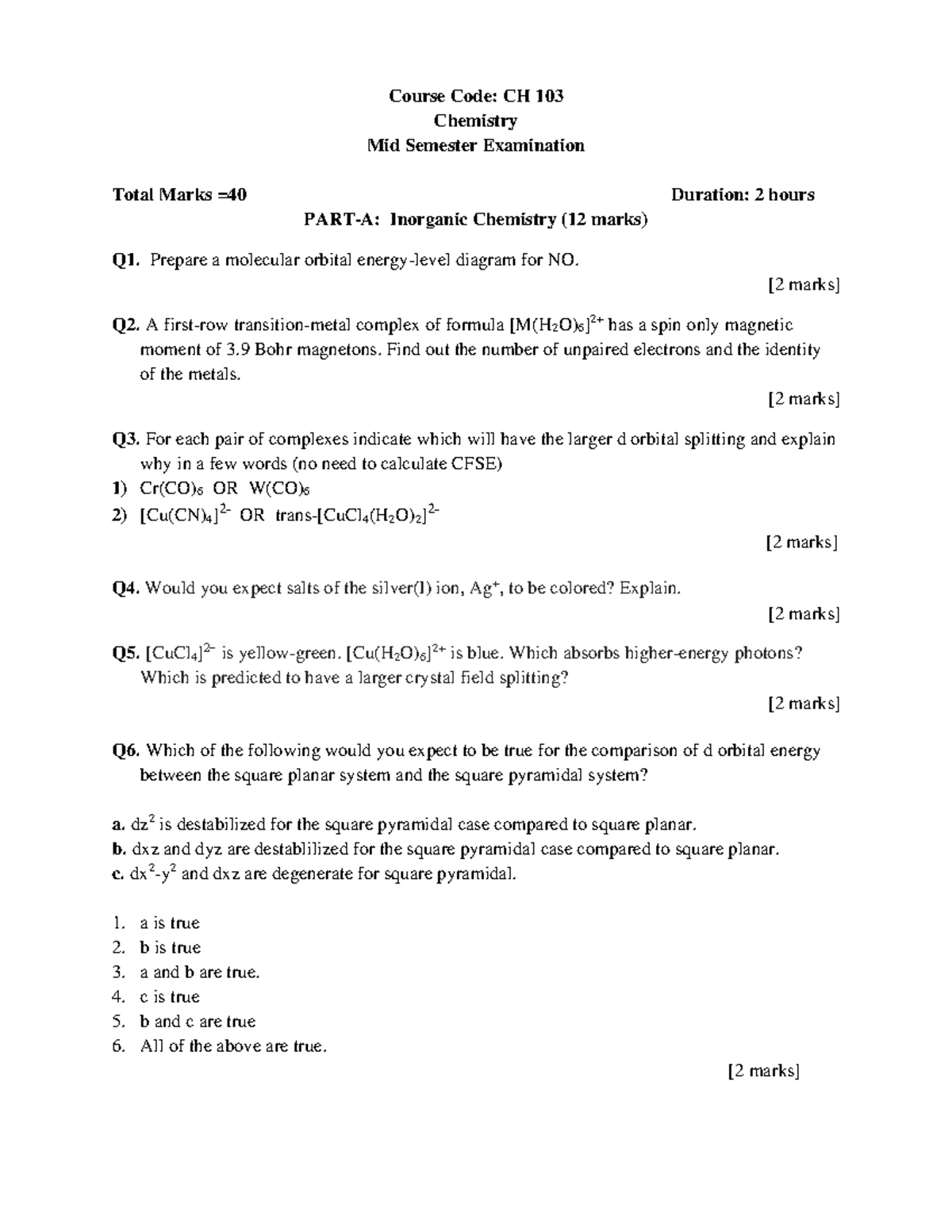 End-Semester Answer Sheet Part B CH-103 2022 - CH-03 ENo-SamESTER Ex AM ...