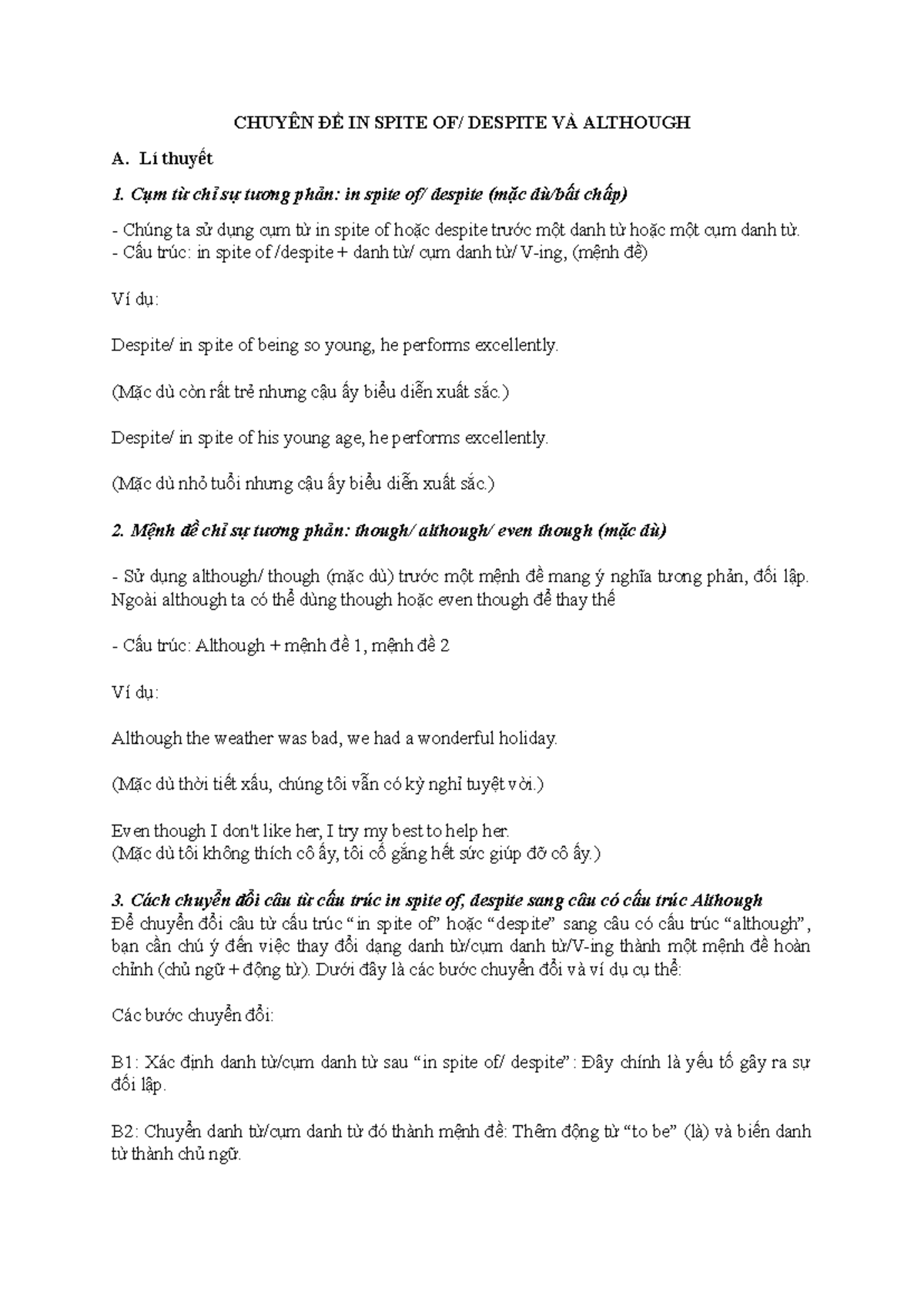Chuyên Đề IN SPITE OF, DESPITE và ALTHOUGH: Lý Thuyết & Bài Tập - Studocu