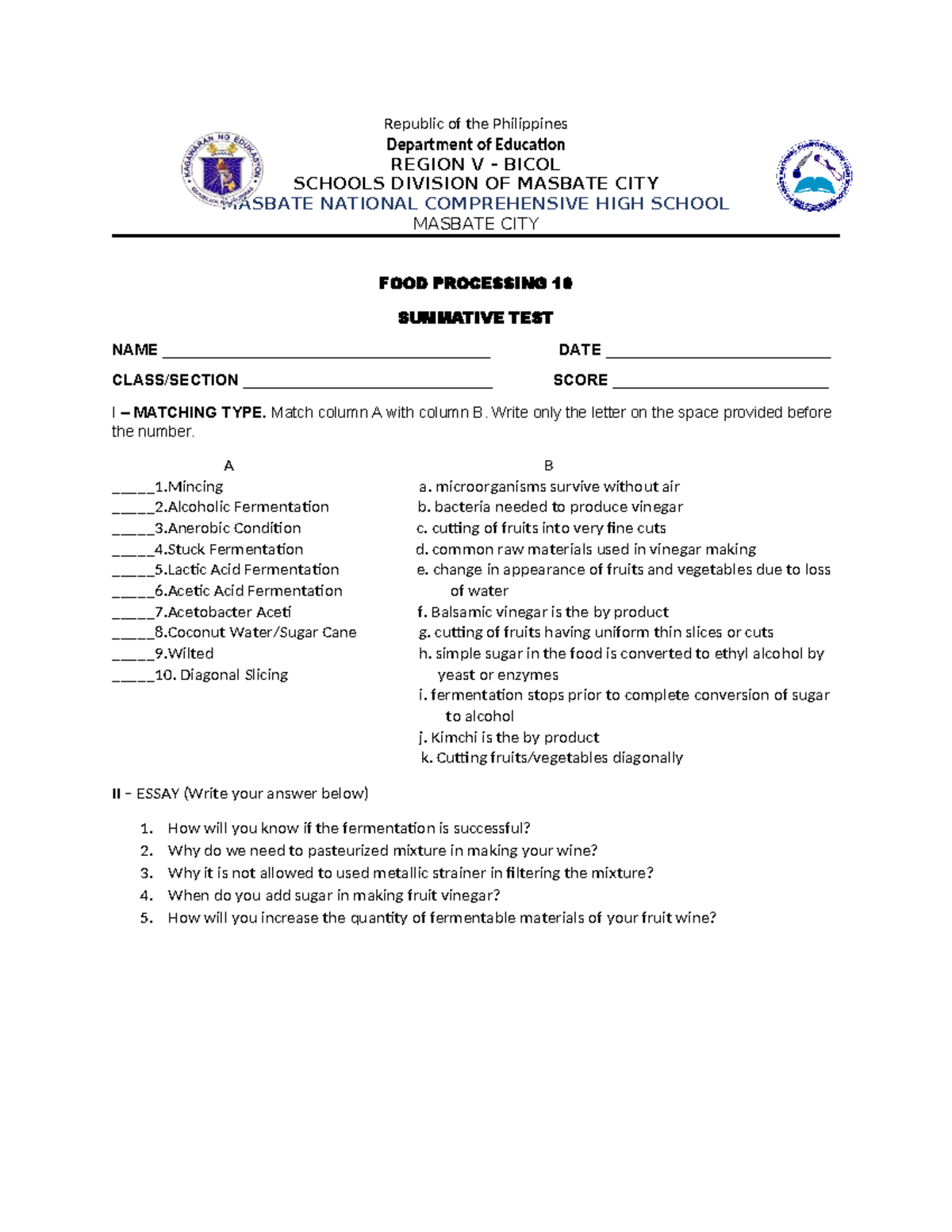 TLE 10 Food Processing 3rd Quarter Summative Test - Studocu