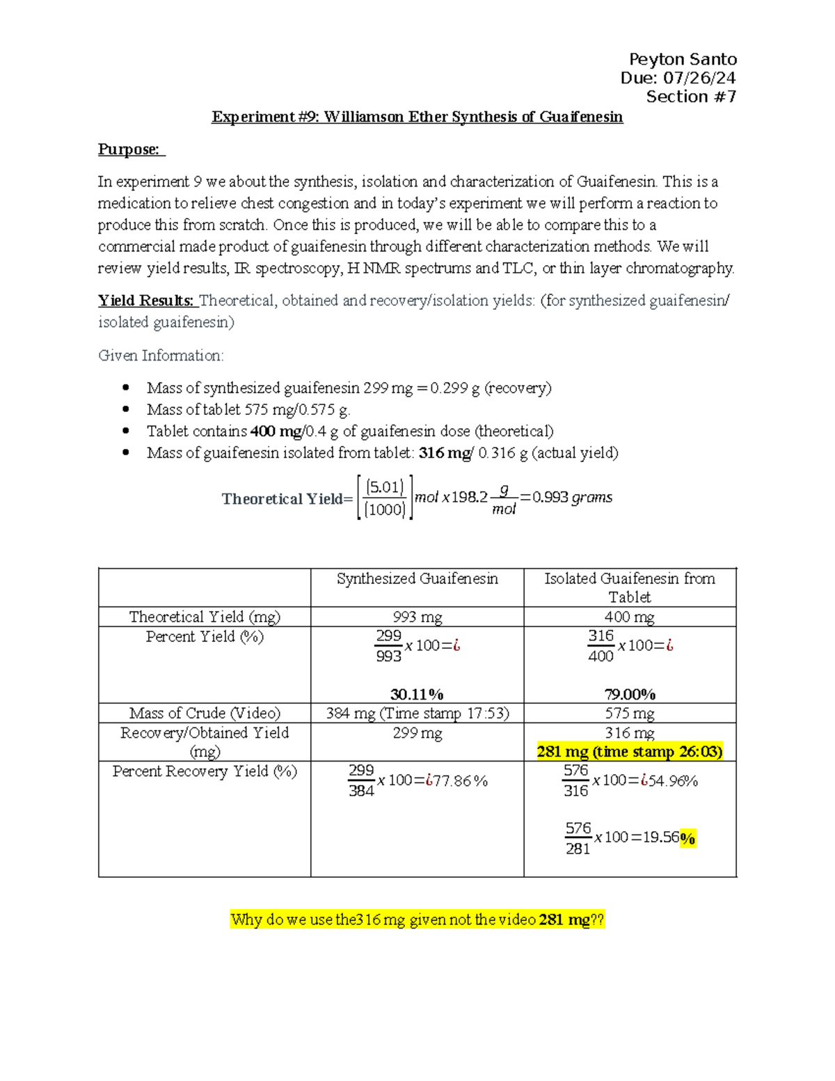 Final Experiment #9: Synthesis & Characterization of Guaifenesin