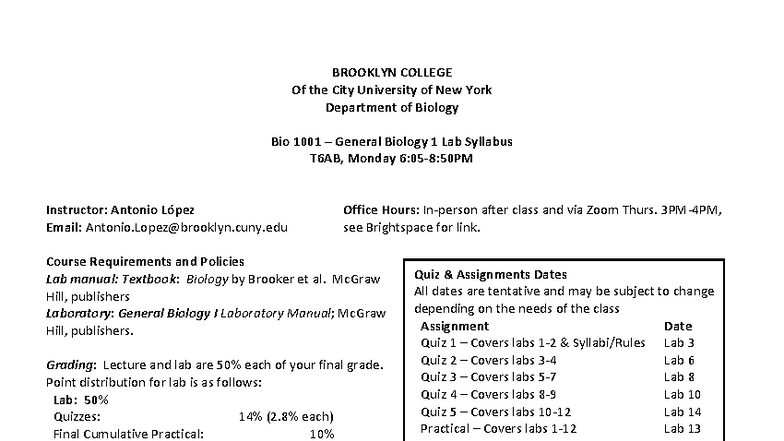 Bio 1001 General Biology I Lab Syllabus - Fall 2025 - Studocu