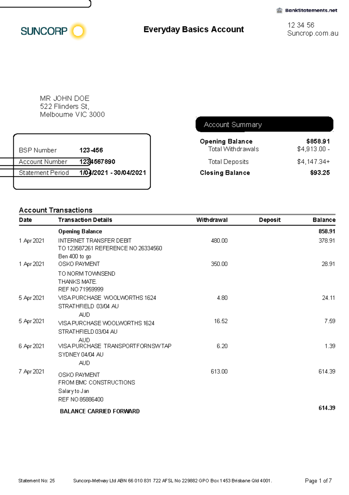 Suncorp Bank Statement Bank Statements - Everyday Basics Account 12 34 ...
