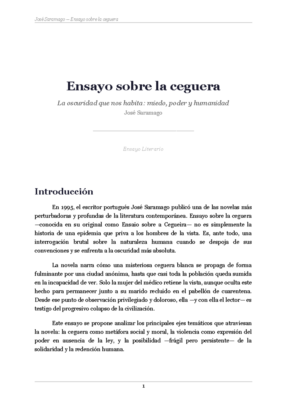 José Saramago: Análisis Temático de "Ensayo sobre la ceguera" - Document Preview