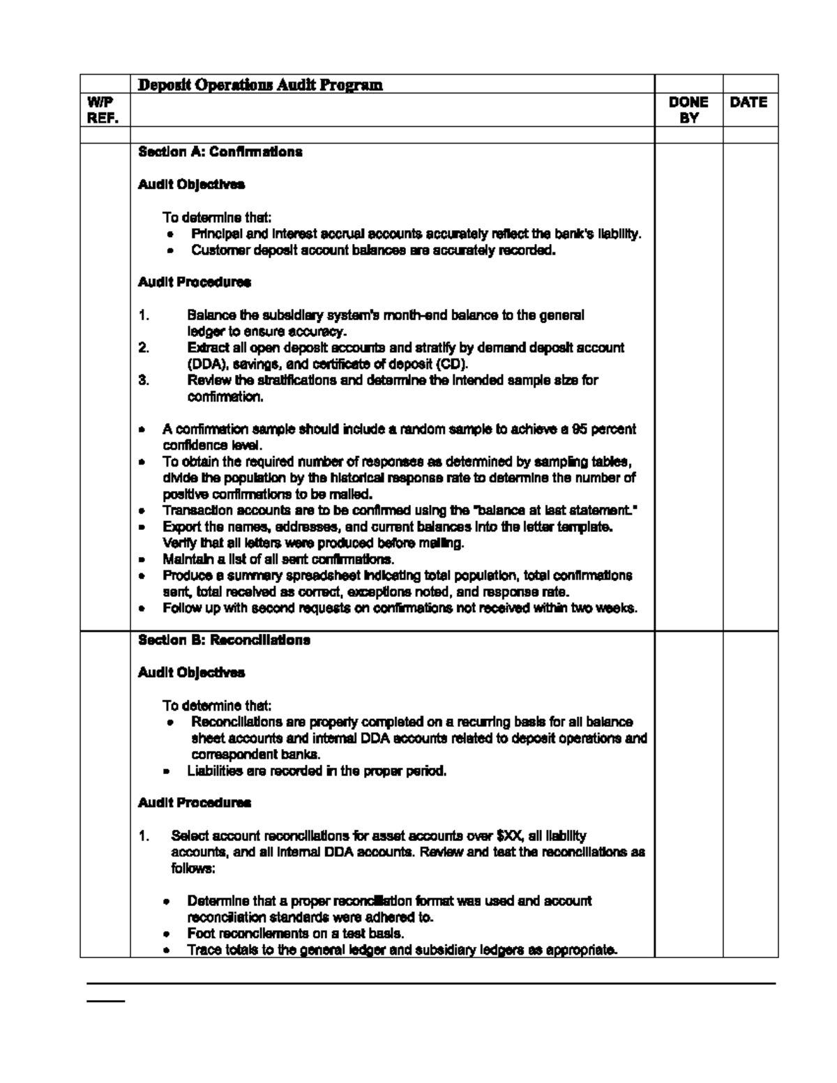 Audit Program for Deposit Operations: REF. DONE DATE - Studocu