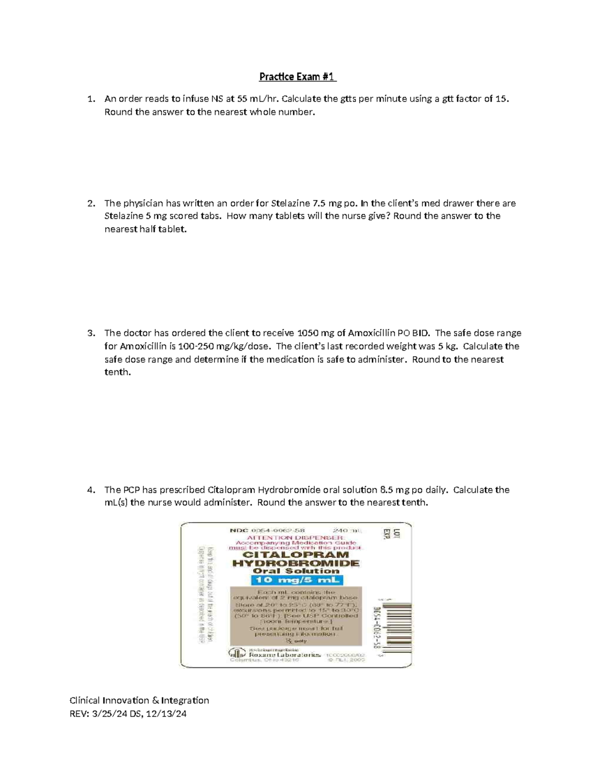RN Practice Exam 1: Clinical Calculations and Medication Dosing - Studocu