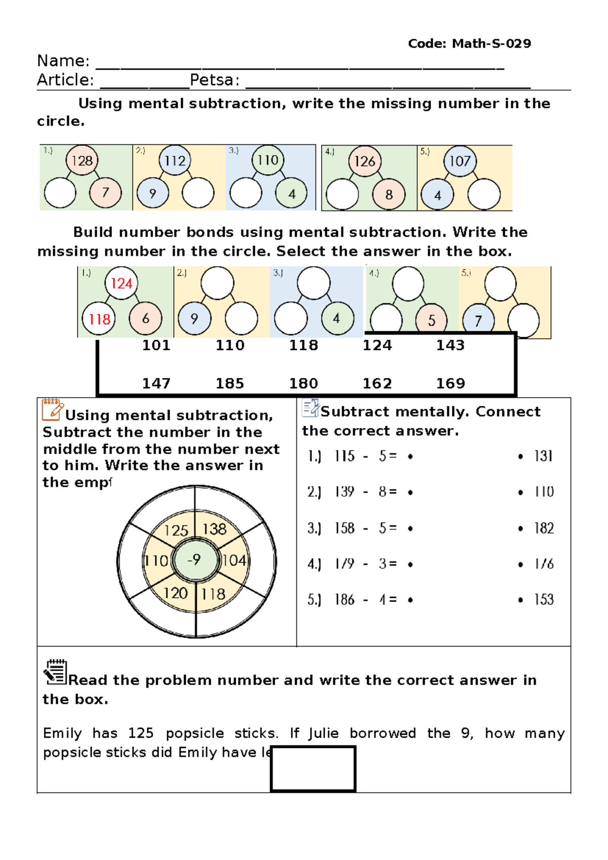 Math subject part 2 - Subtraction exercises - Code: Math-S- Name: - Studocu