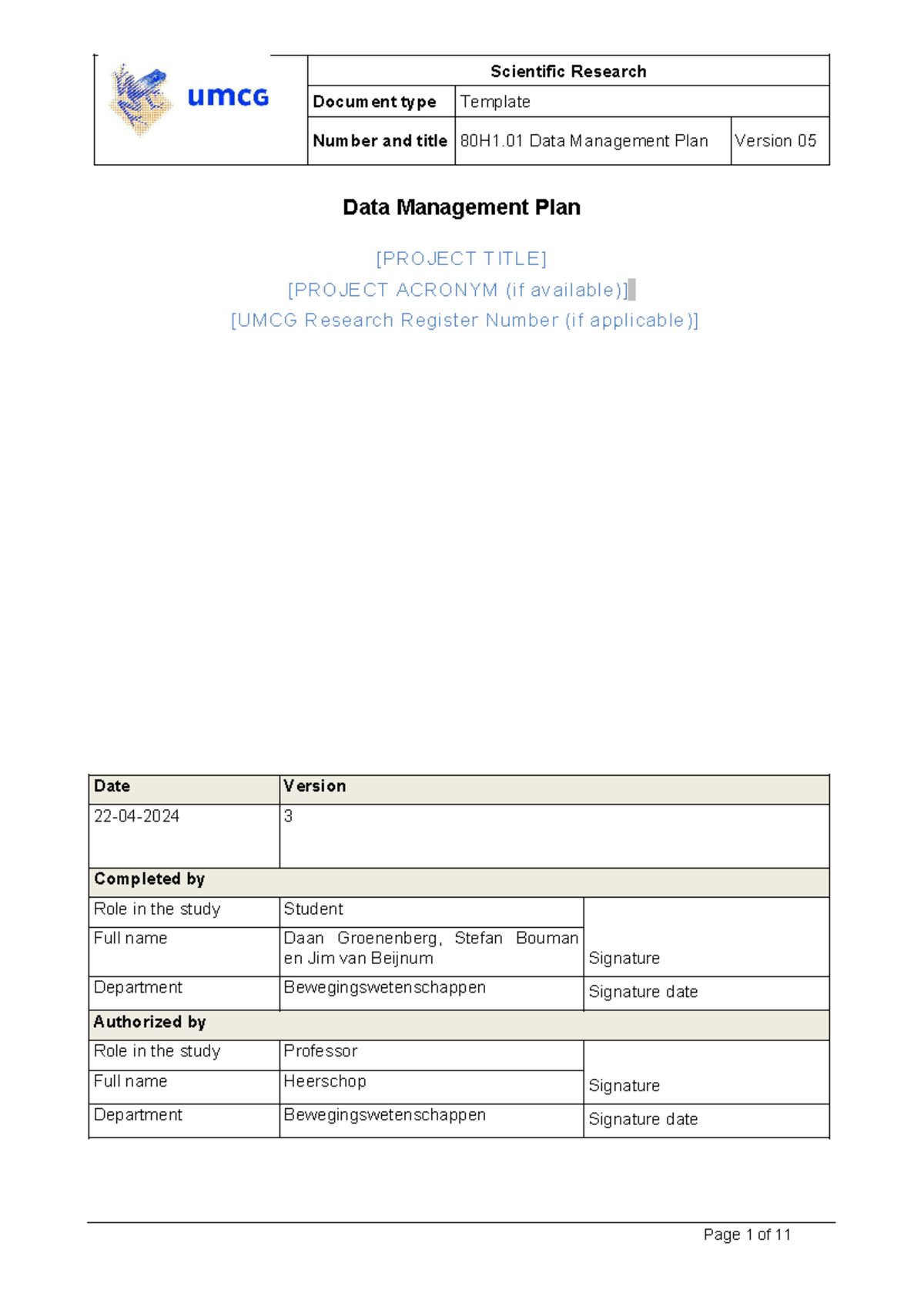 80H1.01 Data Management Plan for Skillslab ActiGraph Project - Studeersnel