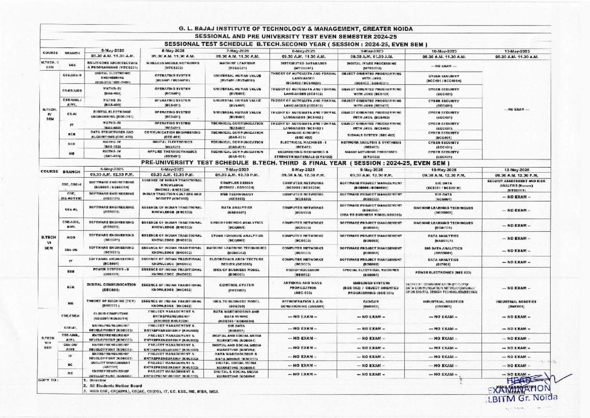 Combined Sessional & Pre University Test Schedule 2024-25 (Even Sem ...