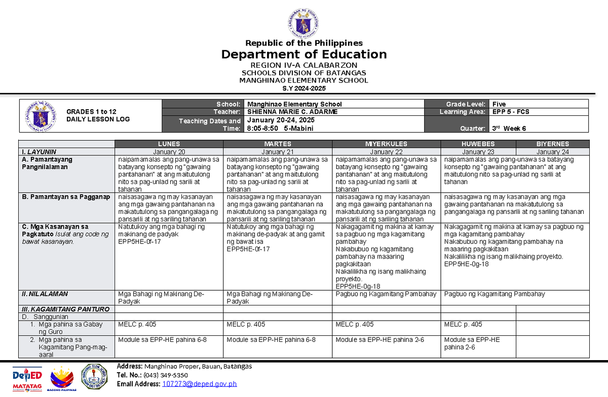 DLL EPP5 HE Q3 WEEK6 - DLL in EPP 5 - Republic of the Philippines ...