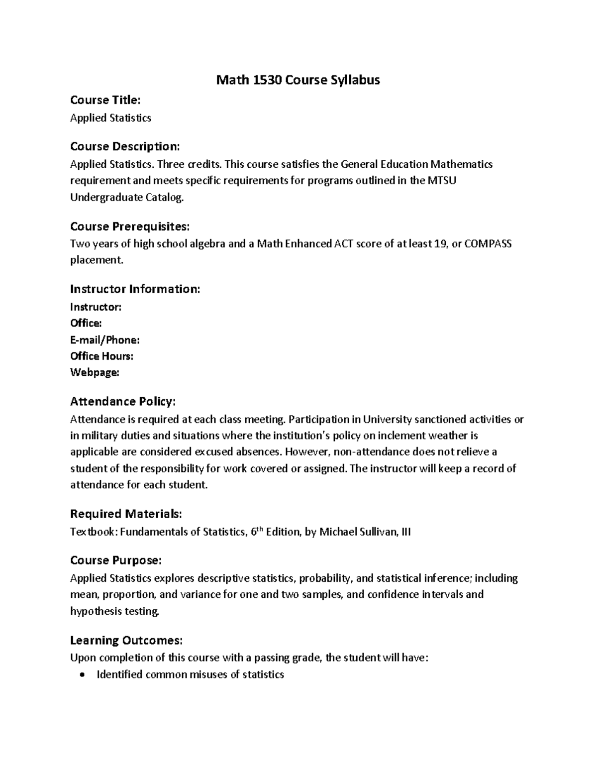 Math 1530: Applied Statistics Course Syllabus and Important Info - Studocu