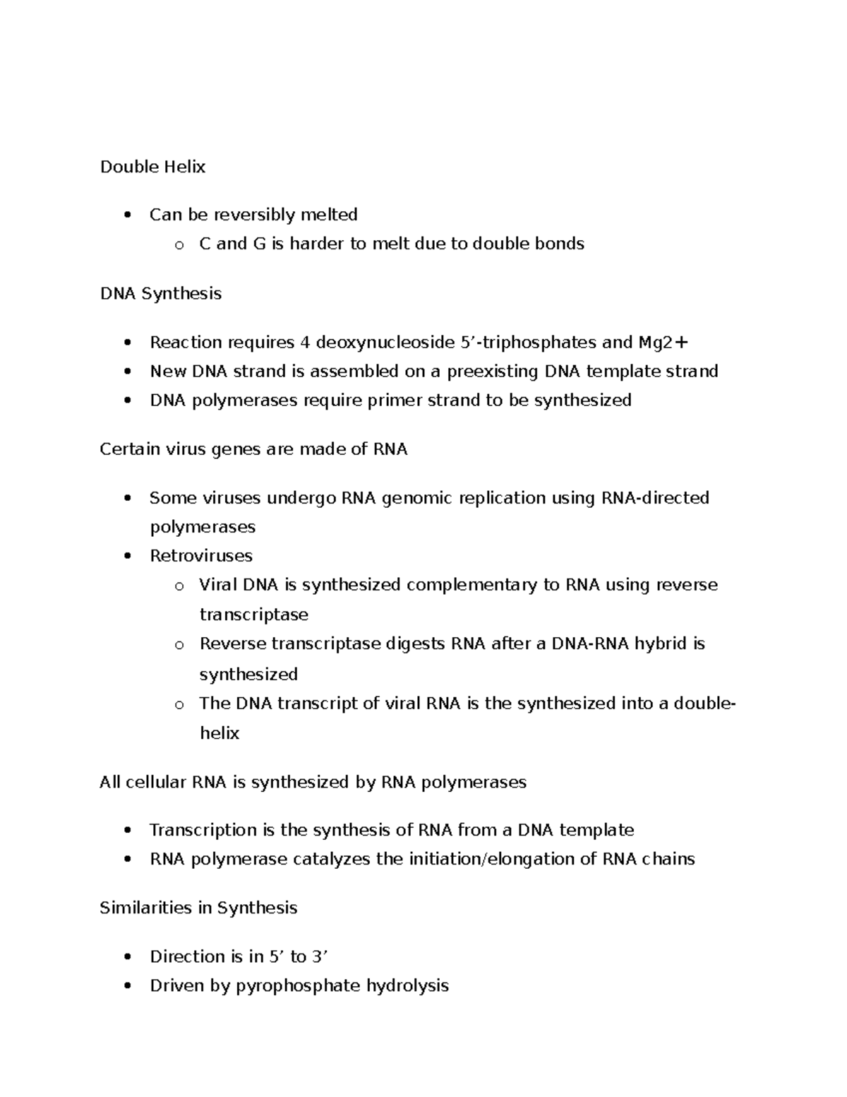CH 8 DNA and RNA - Lecture Notes on Synthesis and Transcription - Studocu