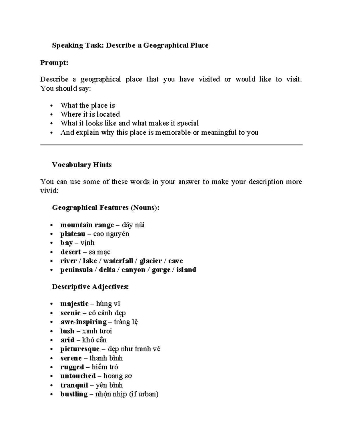 Speaking Task: Describe a Geographical Place - Studocu