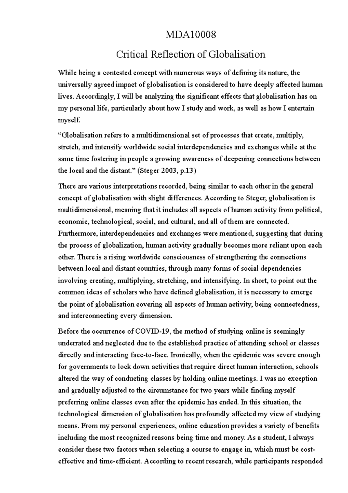 MDA10008 Critical Reflection on Globalisation and Its Personal Impact ...