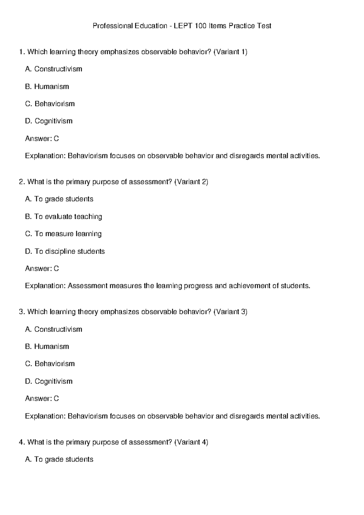 Professional Education LEPT 100 Practice Test on Learning Theories ...