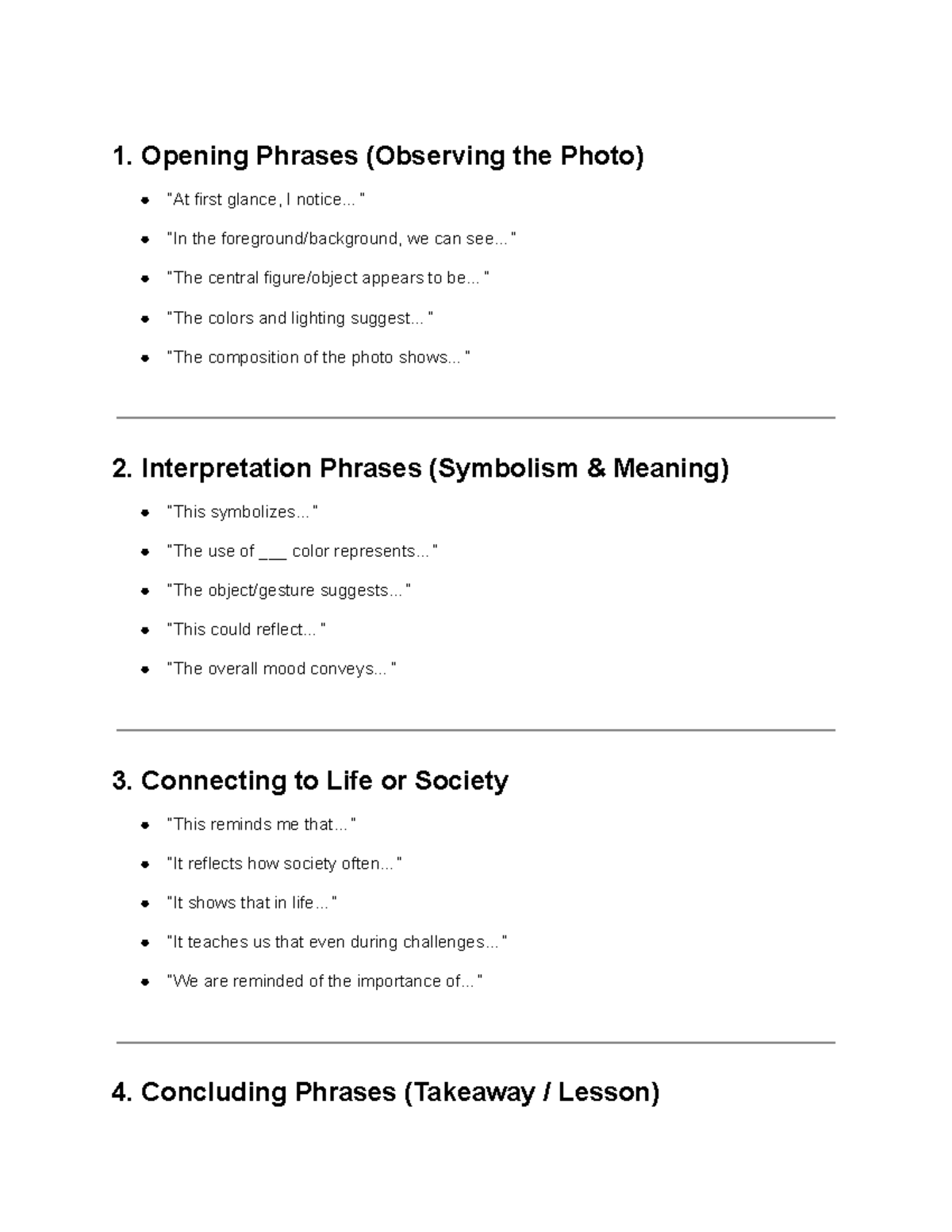 Photo Analysis Phrases Sheet for Pageant (Course Code: N/A) - Studocu