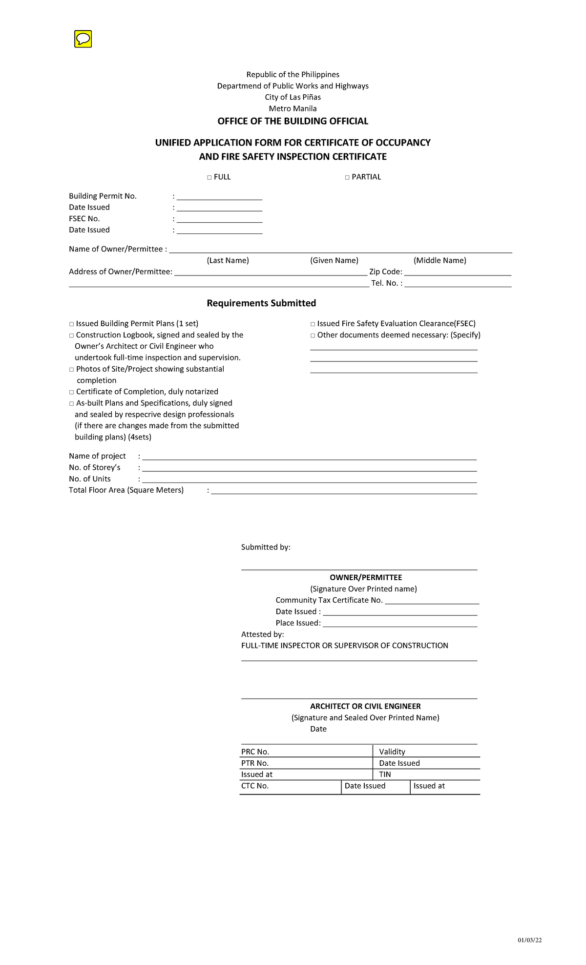 Unified Application Form for Certificate of Occupancy & Fire Safety ...