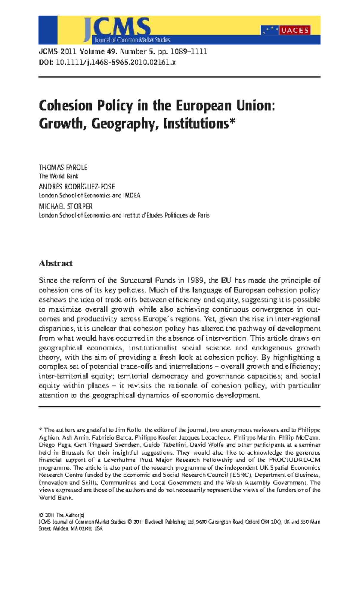 JCMS 2011: Cohesion Policy in the EU - Growth and Regional Disparities ...