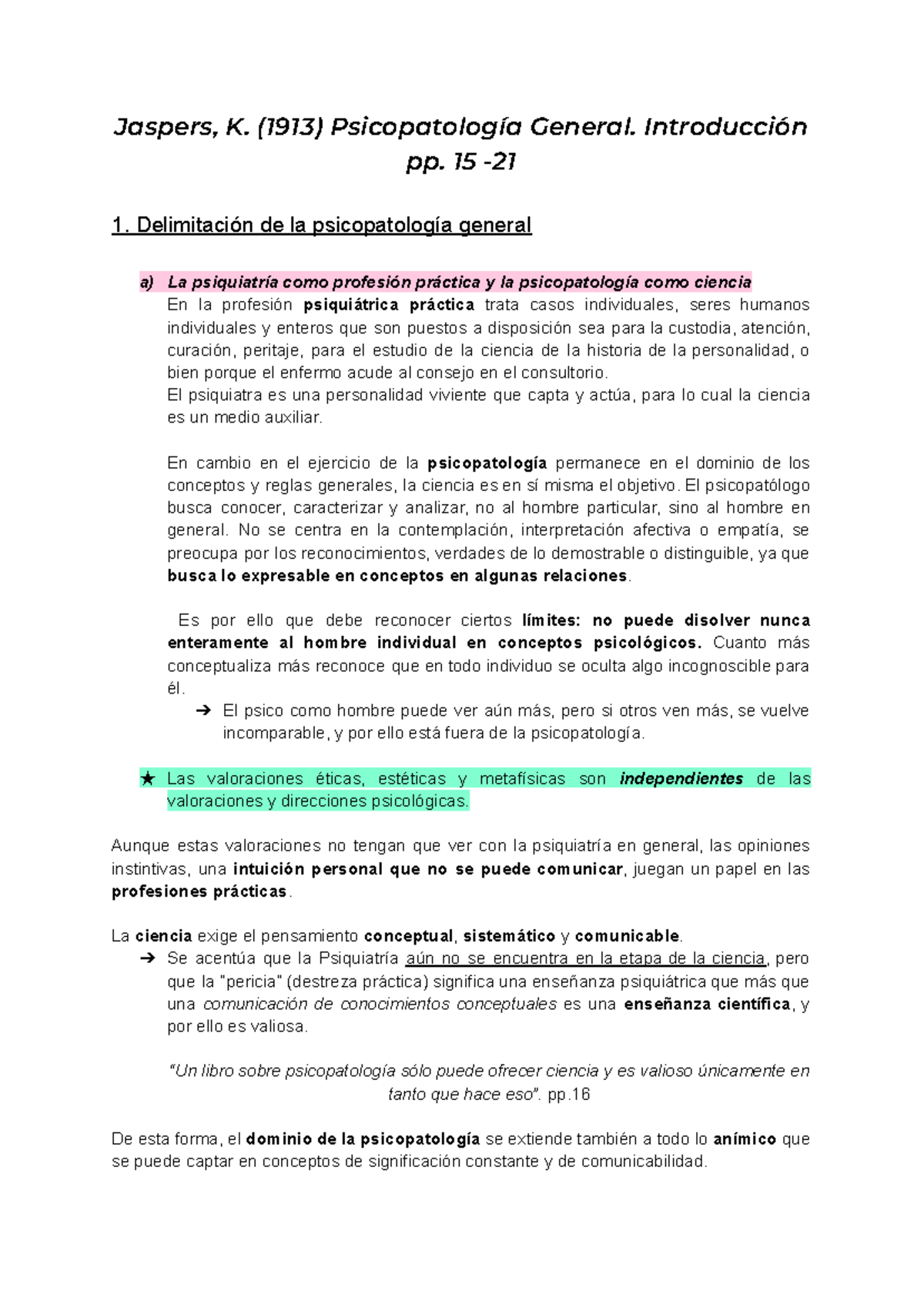 Resumen de Psicopatología General de Jaspers, K. (1913) - Document Preview