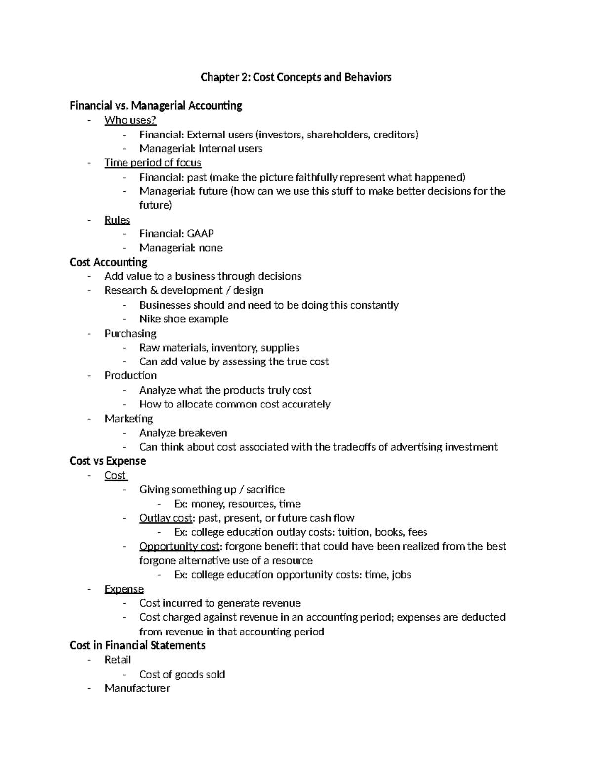 Cost Accounting (ACCT 201) - Chapter 2 Lecture Notes on Cost Concepts ...