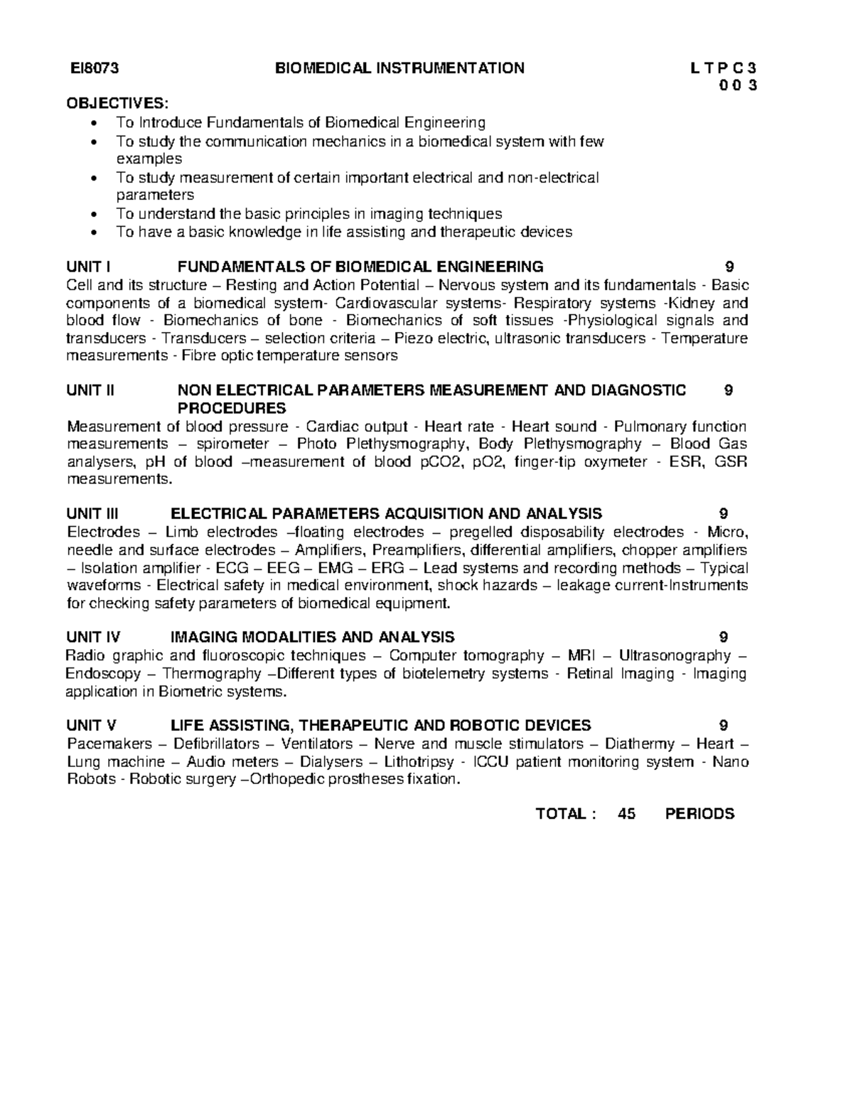 EI8073 Biomedical Instrumentation Syllabus Overview and Key Units - Studocu