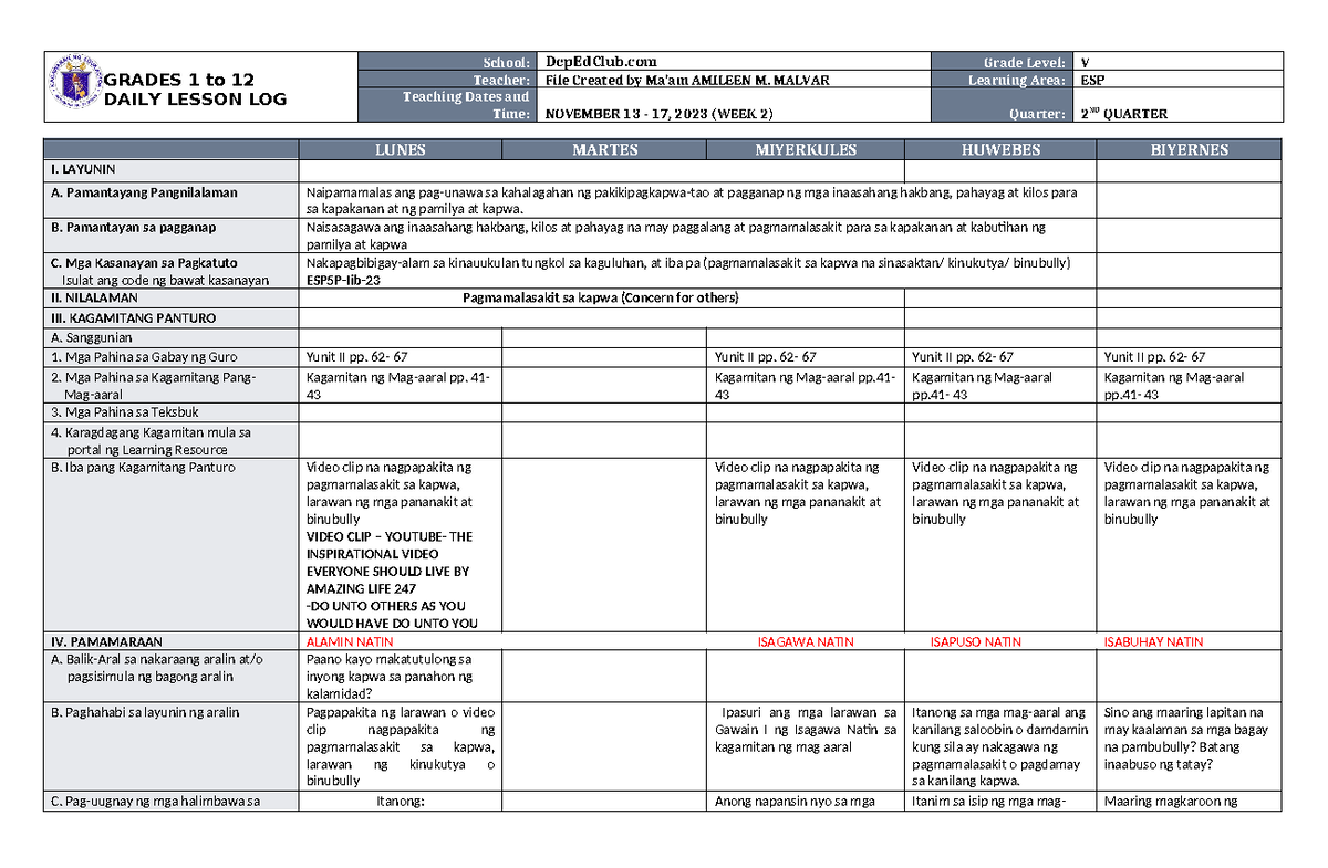 DLL ESP 5 Q2 W2 - dll - GRADES 1 to 12 DAILY LESSON LOG School ...