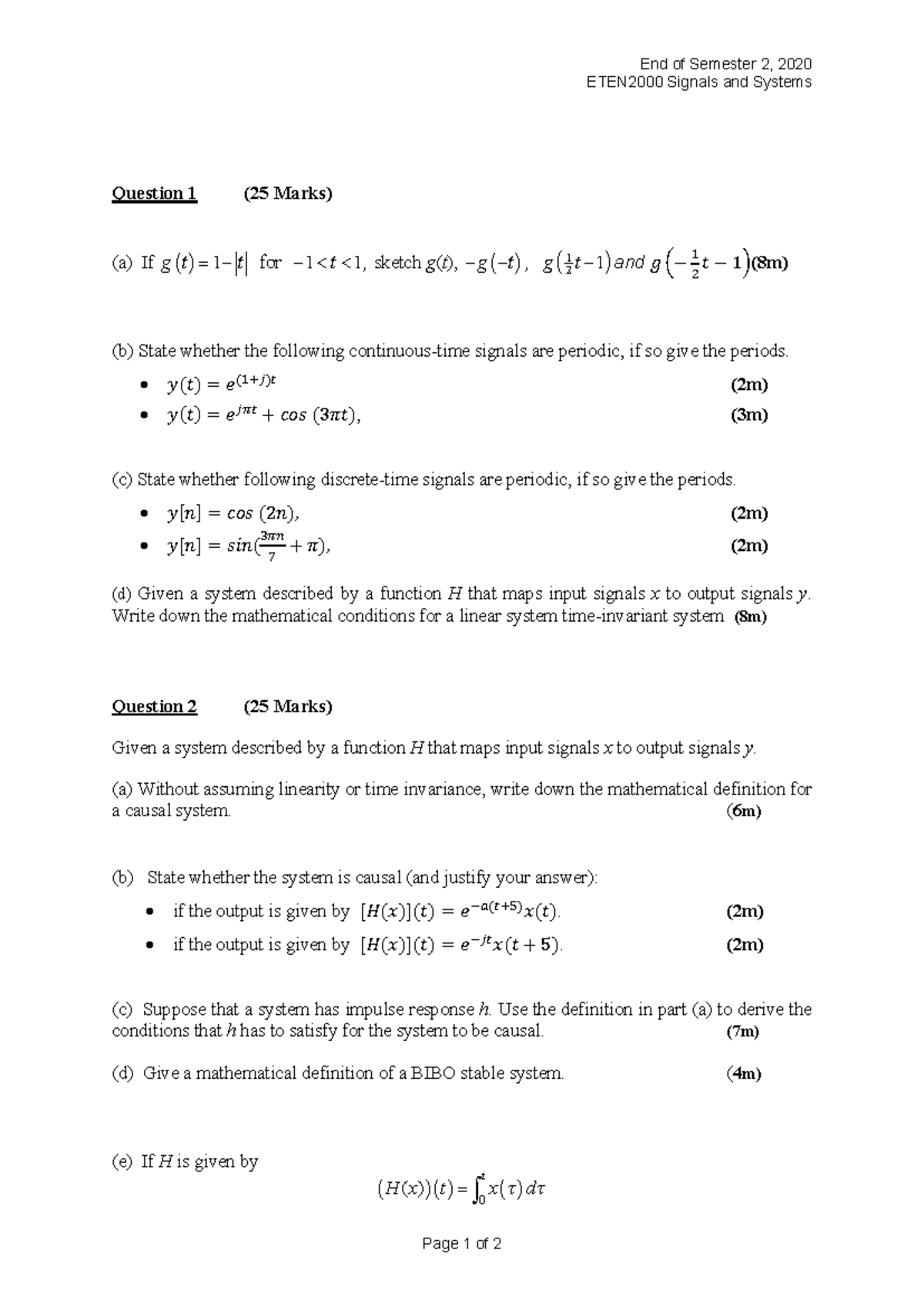 Signals and Systems 2020 S2: End of Semester Exam Questions and ...