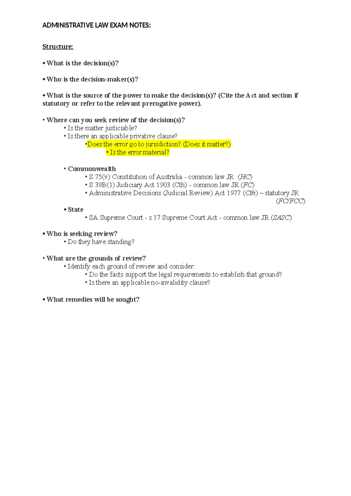 Administrative Law Exam Notes 2023: Key Aspects of Judicial Review ...