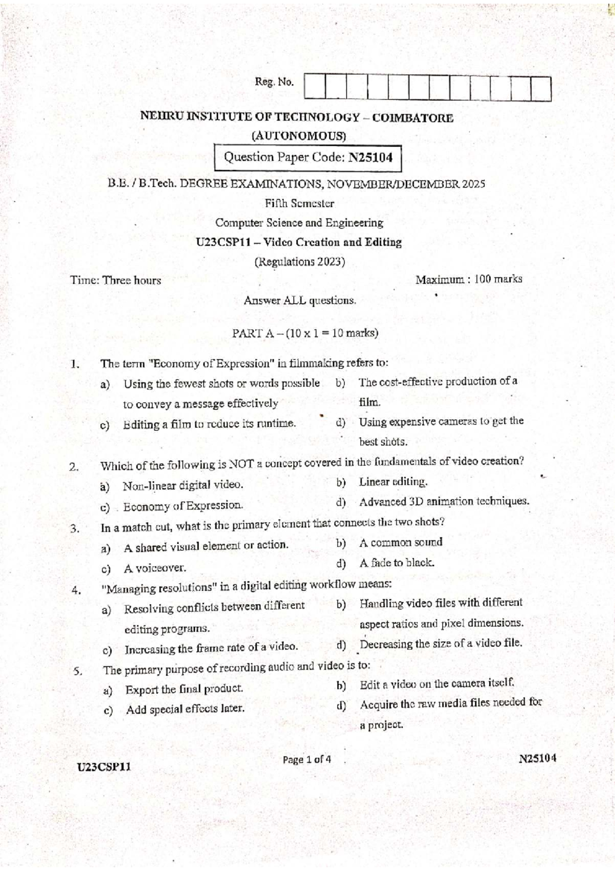 U23CSP11 - Video Creation and Editing - Question Paper (Nov-Dec 2025 ...