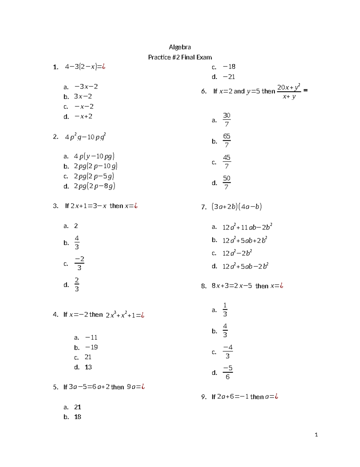 Algebra Practice TEST 2 - Algebra Practice #2 Final Exam 4 − 3 ( 2 −x ...
