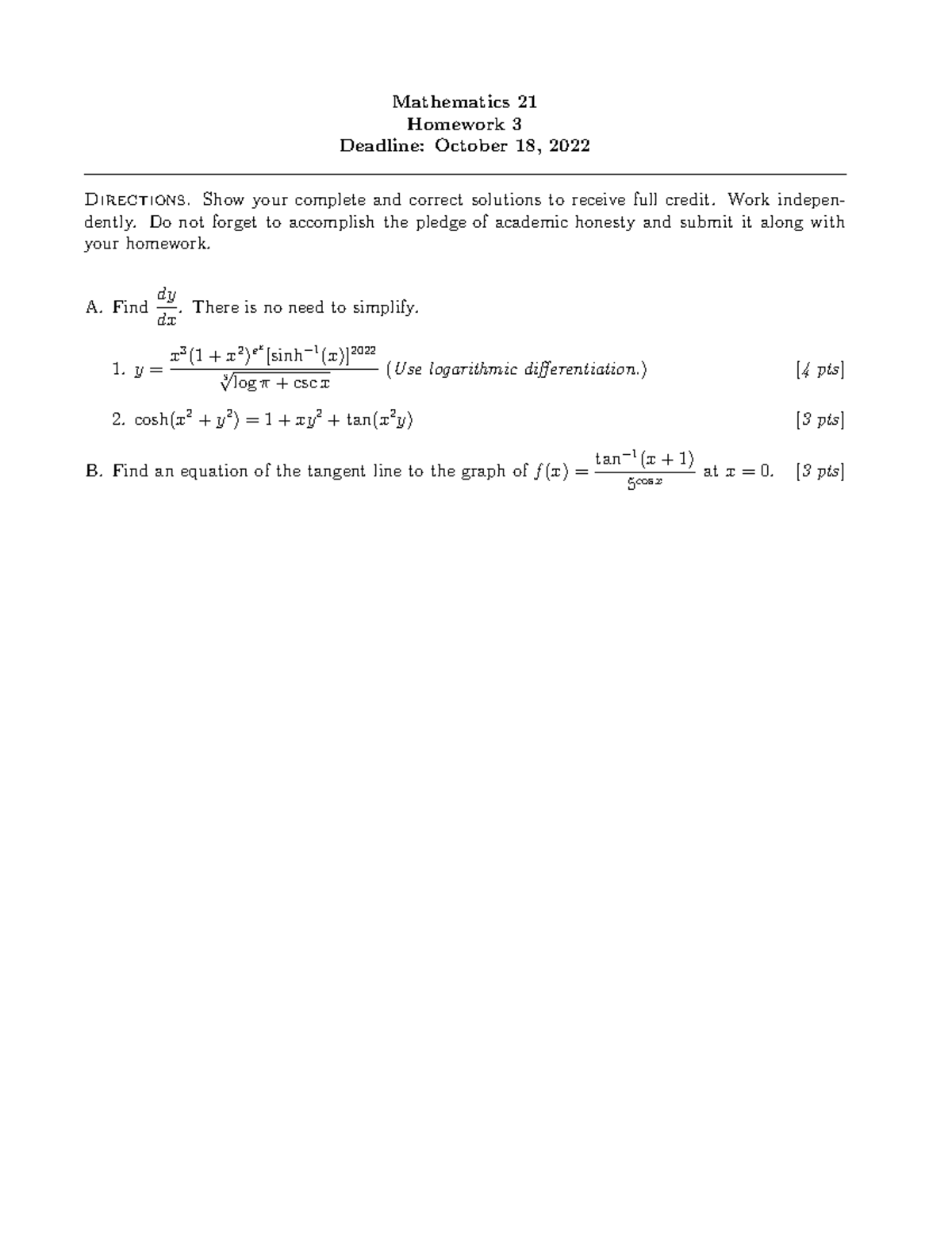 Math21 HW3 - Samplex of math 21 - Mathematics 21 Homework 3 Deadline ...